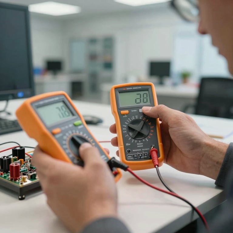 Close-up of a technician's hands using a digital multimeter to test a circuit in a modern Turkish office building.