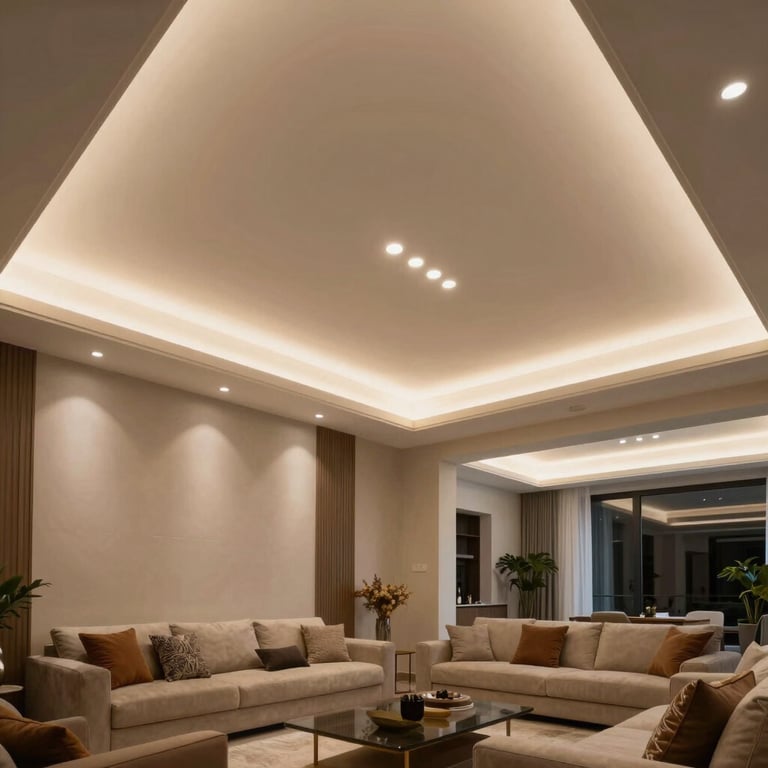 Installation of modern, warm LED recessed lighting in a Middle Eastern / Turkish living room, emphasizing architectural detail.