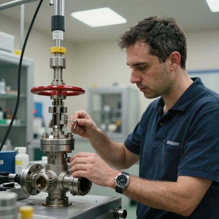 A technical expert in a Jerusalem facility testing a high-pressure valve under bright, professional lighting.