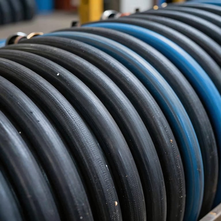 Close-up of industrial hydraulic hoses coiled in a neat arrangement in a Jerusalem warehouse, featuring colors of Dark Navy and Steel Blue.