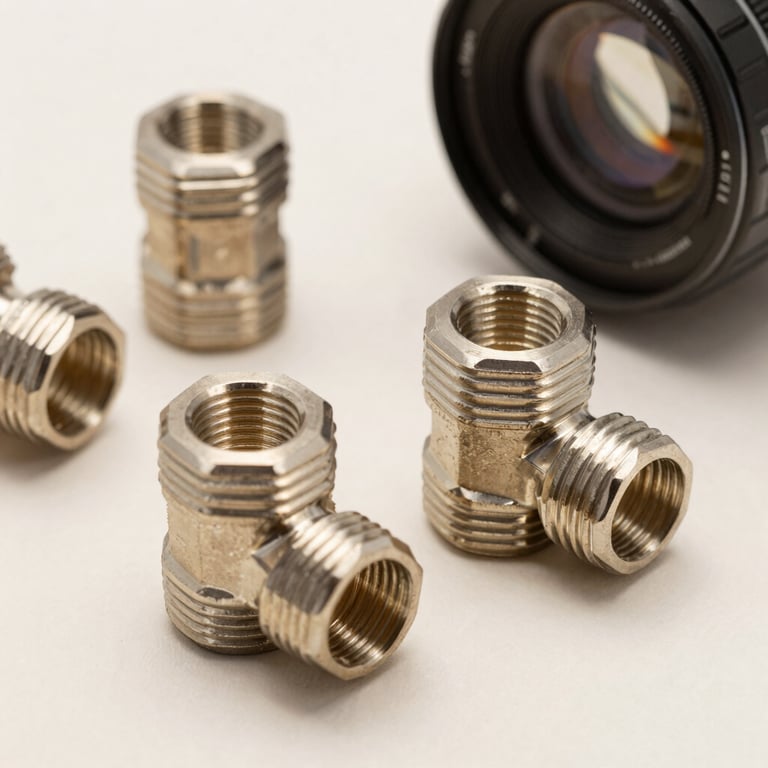 Macro photography of stainless steel hose fittings and couplings on a clean Off-white surface.