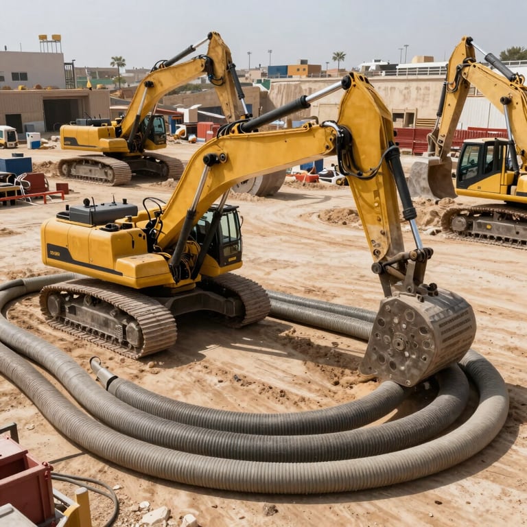 Wide shot of a massive infrastructure project in Israel using heavy machinery equipped with industrial hoses.