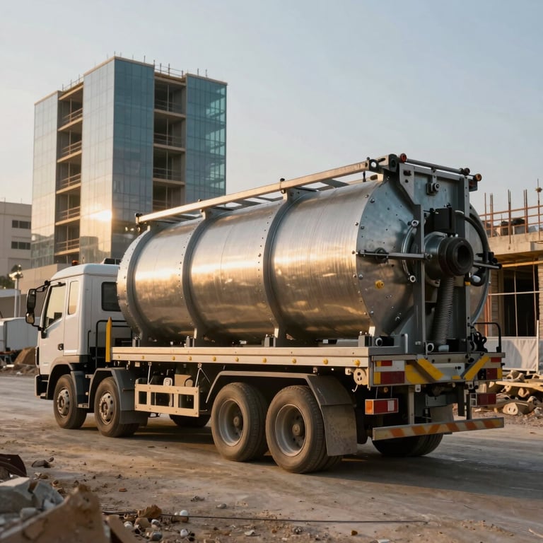 A delivery of industrial components arriving at a modern Jerusalem construction site during the golden hour.