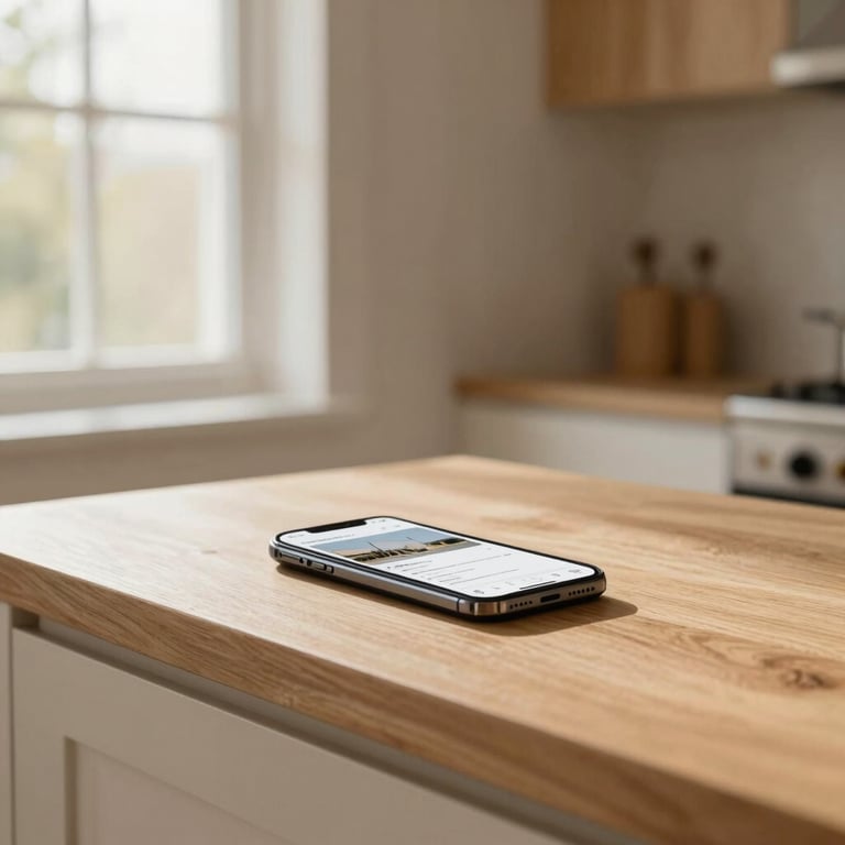 A clean oak kitchen counter with a smartphone displaying a construction management portal, soft warm interior glow, 35mm