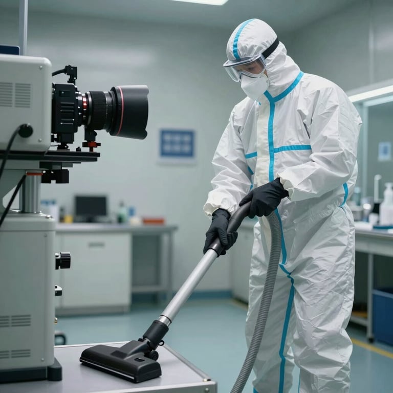 Certified technician in protective gear performing HEPA vacuuming in a sanitized room.