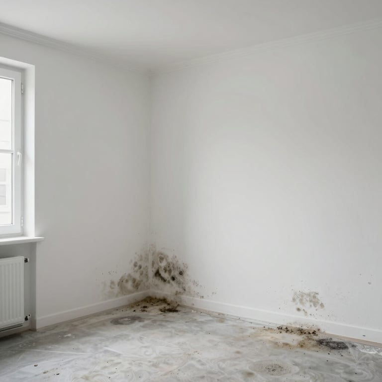 A pristine, white-walled room after successful mold remediation and air purification.