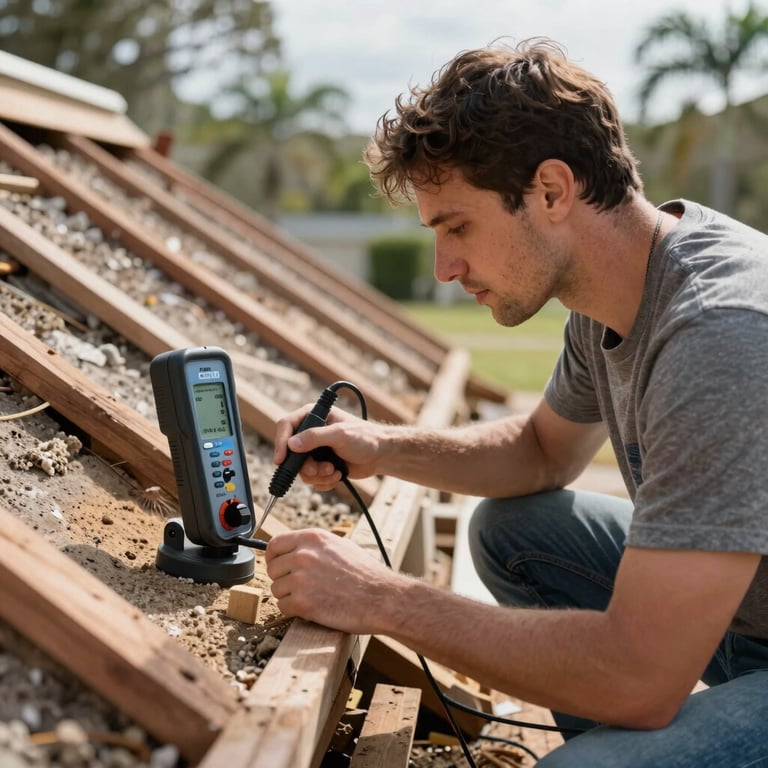 Professional mold inspection using advanced moisture meters in a Florida residential attic.