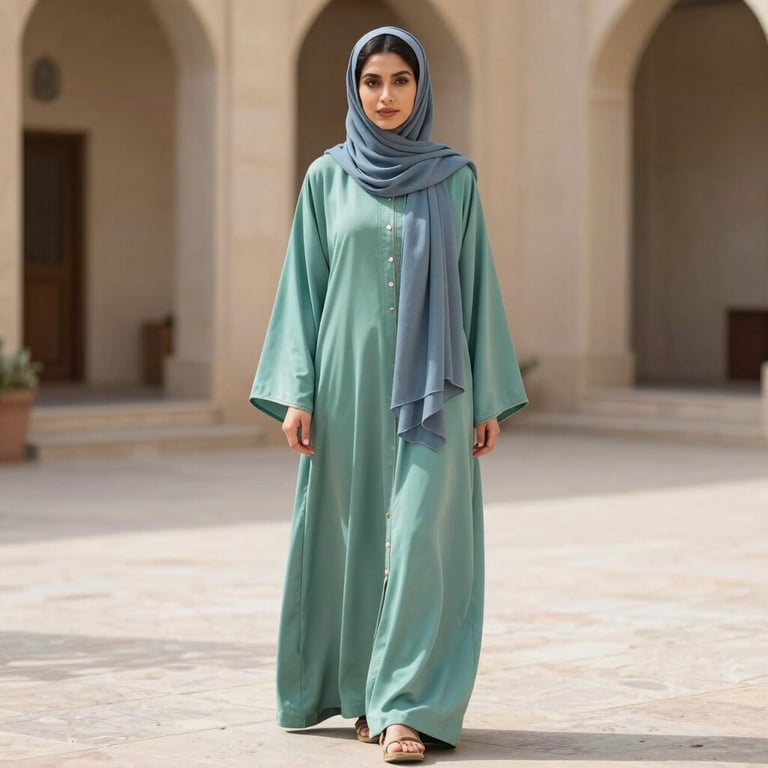 A full-length shot of a modern abaya in muted sea green, styled with a soft blue grey headscarf, standing in a sunlit courtyard.