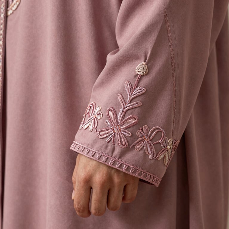 Detailed shot of hand-stitched embroidery on the cuff of a dusty rose abaya, showcasing elegant and delicate craftsmanship.