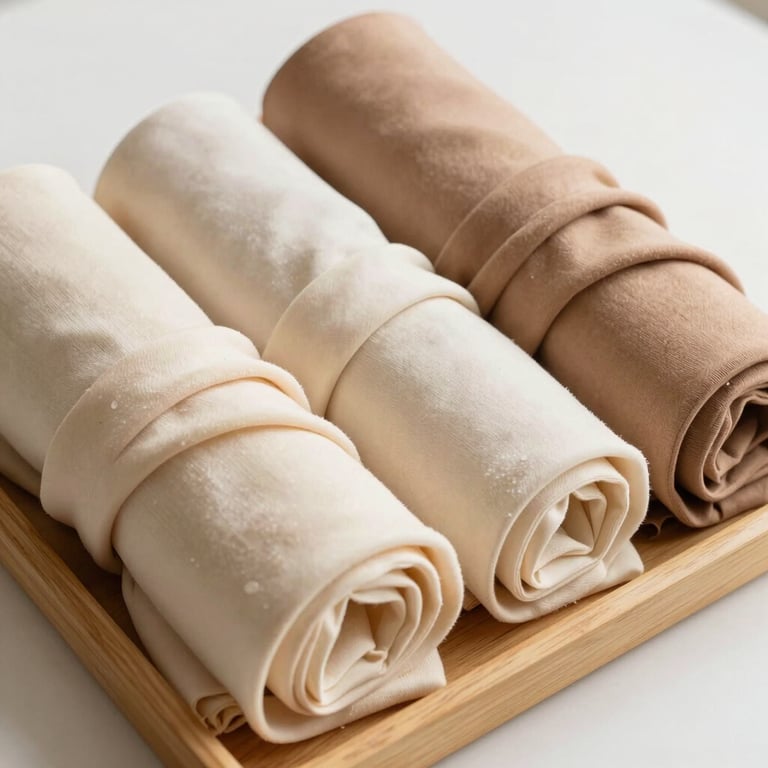 A collection of rolled hijabs in warm cream and pale sand shades, arranged neatly on a minimalist wooden tray.