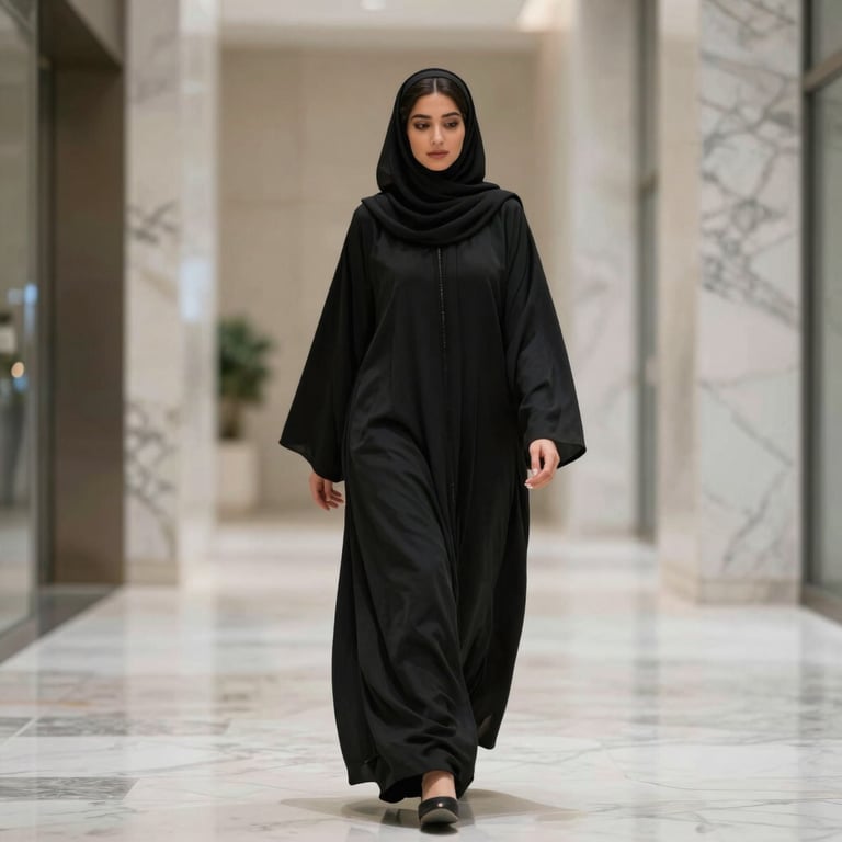 Photography of a young woman in a sophisticated black abaya, walking gracefully through a modern marble corridor in the Middle Eastern / Gulf.