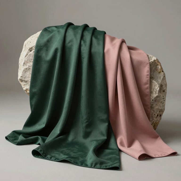 An artistic composition of high-quality fabrics in charcoal green and dusty rose, draped over a minimalist stone sculpture.