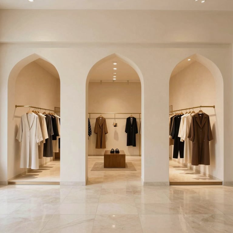 Wide shot of a luxury modest fashion boutique with warm cream walls and arched doorways, located in a Middle Eastern / Gulf city.