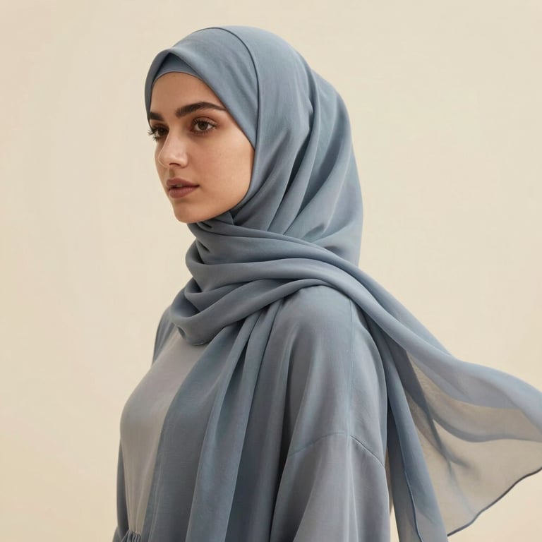Close-up of a lightweight chiffon hijab in soft blue grey, fluttering gently in a soft breeze against a warm cream background.