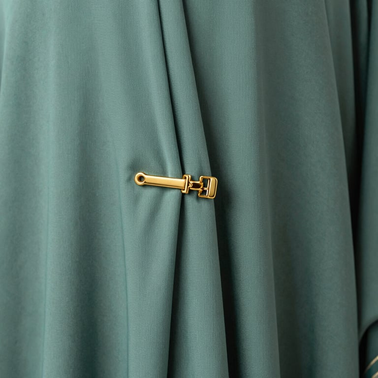 Detailed view of a gold-toned clasp on a premium abaya, set against a muted sea green fabric.