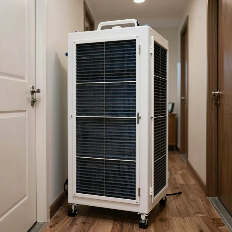 Industrial-grade HEPA air scrubbers operating in a residential hallway, representing air quality restoration.