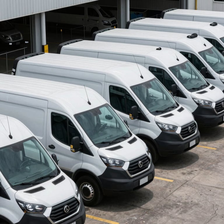 A fleet of white and dark gray service vans parked at an Orlando facility, ready for emergency dispatch.