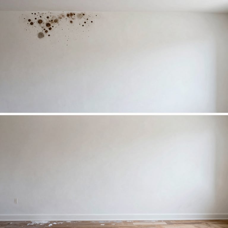A before and after sequence of a mold-infested wall in an Orlando home showing a pristine white finish after remediation.