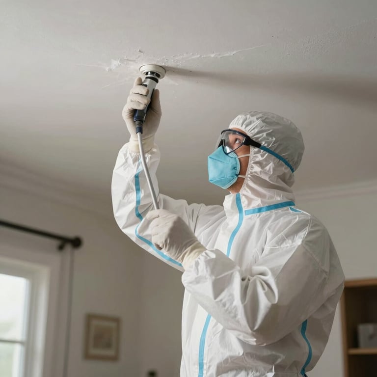 A professional mold removal technician in white protective suit inspecting a ceiling in a North American home.