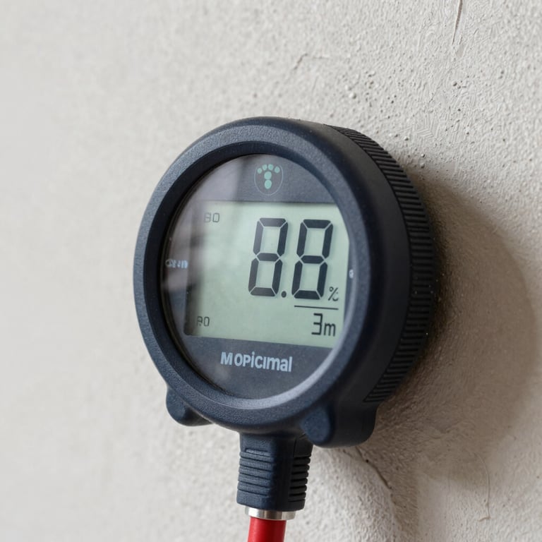 Professional moisture meter displaying high-precision digital readings on a drywall surface.
