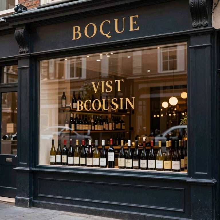 The elegant storefront of a boutique wine shop with gold-leaf lettering on the window reflecting a quiet, upscale city street.