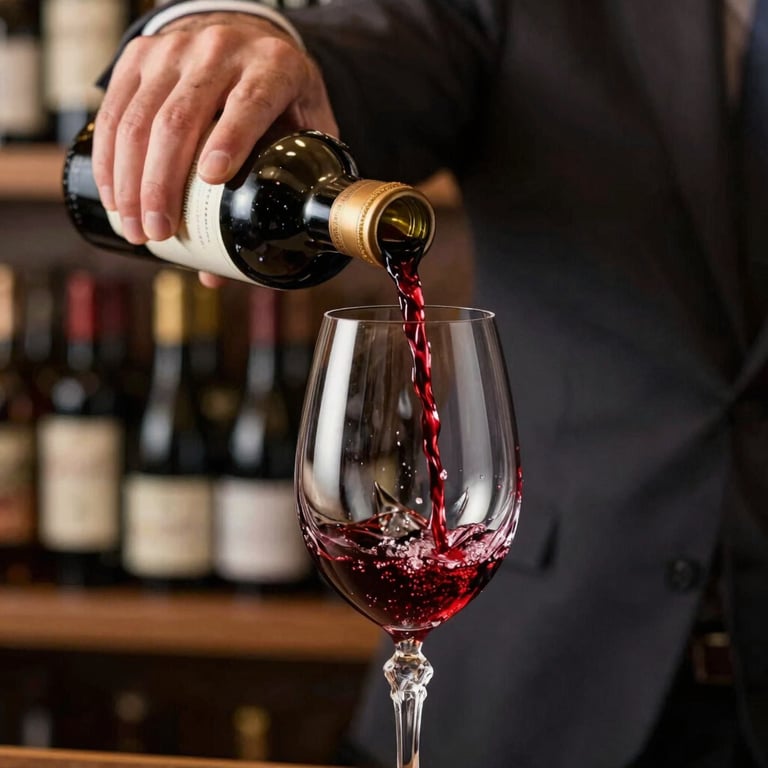 A close-up shot of a sommelier's hand pouring a deep red vintage into a wide-bowled crystal glass in a North American / US boutique setting.