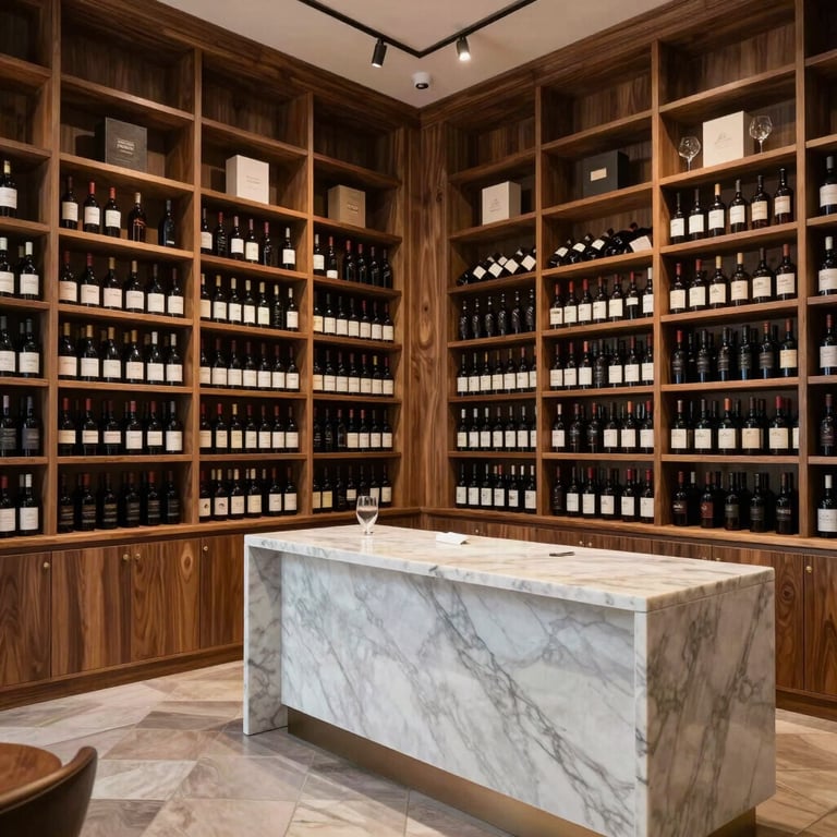 A wide-angle view of the shop’s interior featuring floor-to-ceiling mahogany wine racks and a minimalist marble tasting counter.