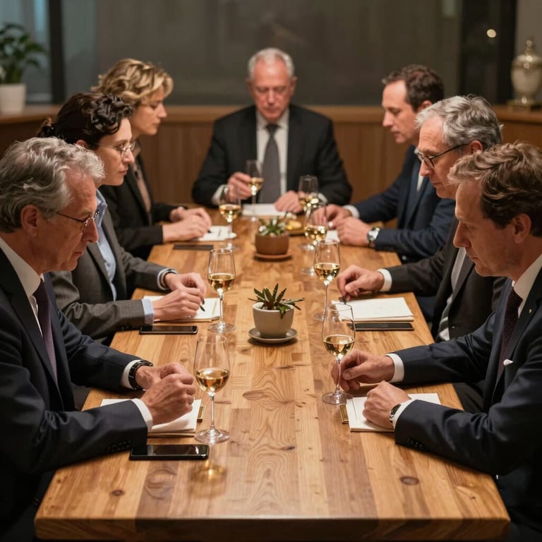 A group of well-dressed guests engaged in a quiet, sophisticated tasting session around a large communal oak table.