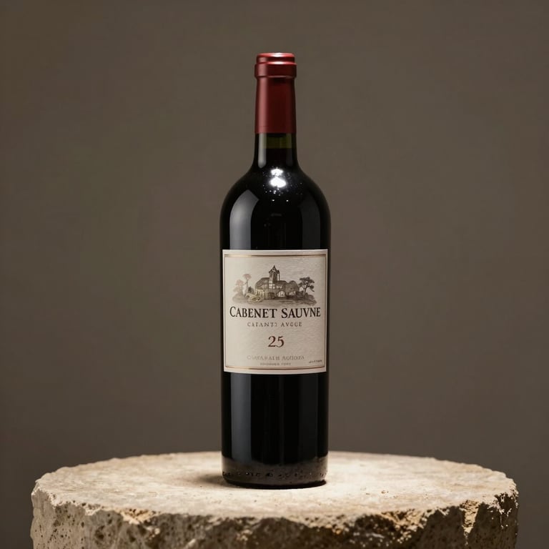 A detailed shot of a rare bottle of Cabernet Sauvignon resting on a sand-colored stone pedestal under a soft spotlight.