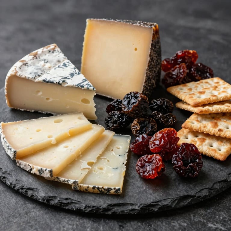 North American / US setting showing a gourmet pairing board with aged cheeses, dried fruits, and crackers on a rustic slate plate.