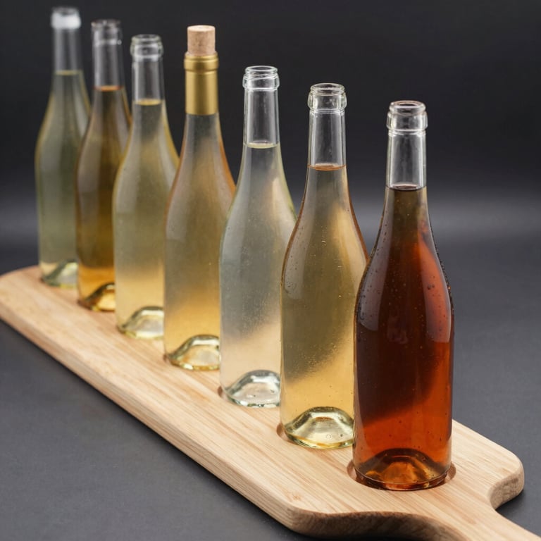 A beautifully arranged flight of white wines on a light wooden paddle, showcasing colors from pale straw to deep amber.