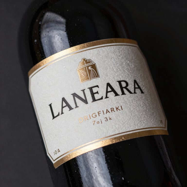 Macro photography of an artisanal wine label with sophisticated typography and metallic accents against a dark glass bottle.