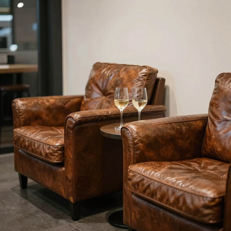 An intimate seating area within the shop with plush leather armchairs and a small side table holding two glasses of wine.