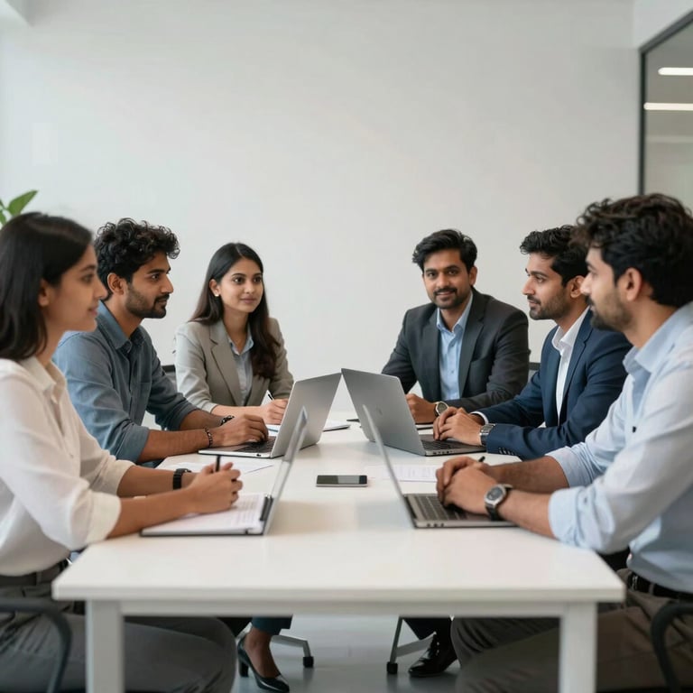 A team of professionals in India having a collaborative meeting around a minimalist white table in a bright office space.