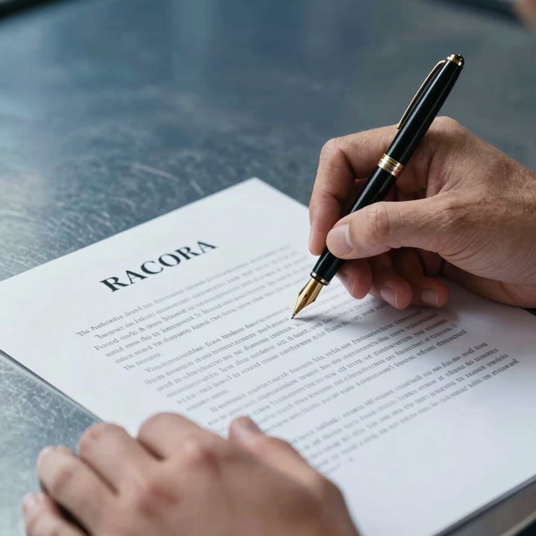 Hands of a professional signing a legal document with an elegant fountain pen, set against a steel blue background.