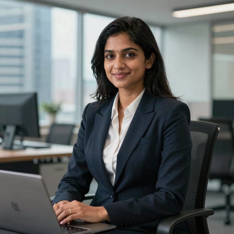 A South Asian professional woman in a formal business suit sitting in a modern office, smiling confidently with a blurred city background.
