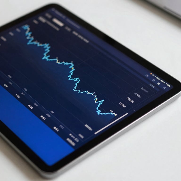 Close-up of a digital tablet displaying financial software with a dark navy and royal blue interface on a clean desk.