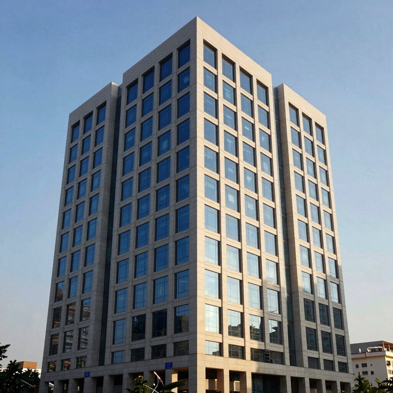 Modern architecture of a corporate office building in Bangalore during the golden hour, reflecting royal blue and off-white tones.