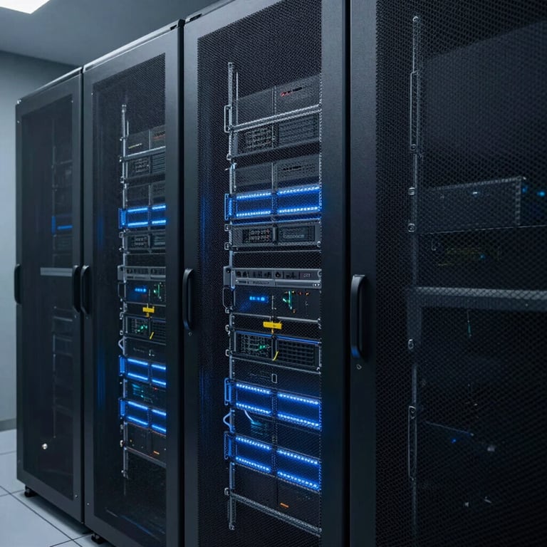 A sleek, high-tech server room representing the firm's technology-driven approach, illuminated with cool blue lights.