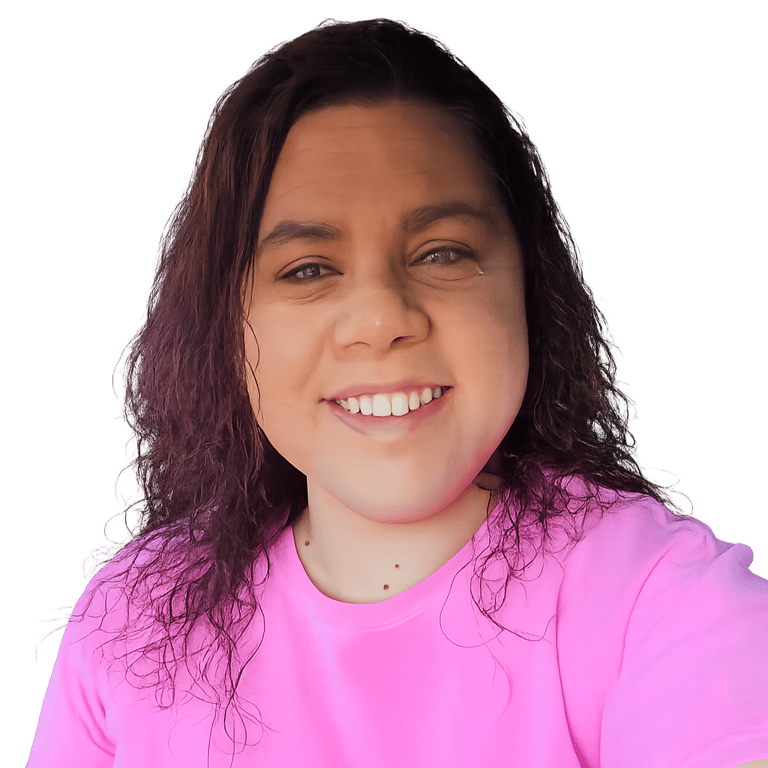 Rebecca Summers with wavy brown hair wearing a bright pink t-shirt against a black background.