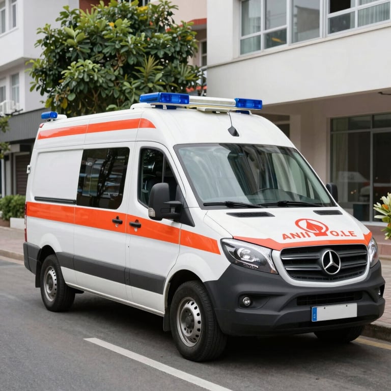 Showcase of hospital furniture and karoseri products arranged neatly in a showroom.