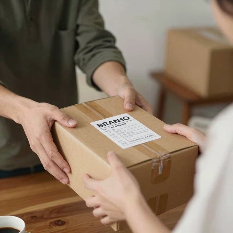 A package being carefully wrapped and labeled for international shipping.