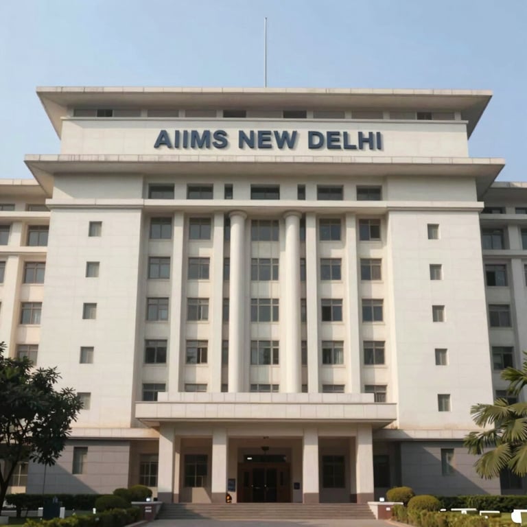 The facade of AIIMS New Delhi, captured with clean, sharp architectural lines and bright daylight.