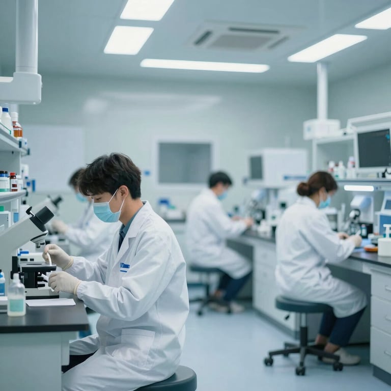 Interior of a high-tech medical laboratory with students practicing, clean and professional lighting, incorporating #4F7F8F tones.