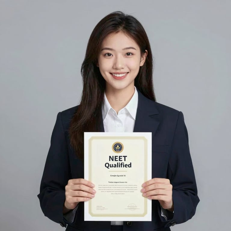 A smiling student holding a 'NEET Qualified' certificate, professional portrait style with #F8F6F0 background.