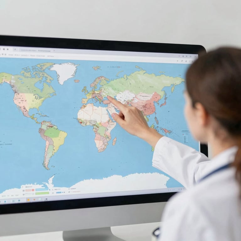 A medical consultant pointing at a world map showing MBBS opportunities in Russia and Georgia, professional and supportive vibe.
