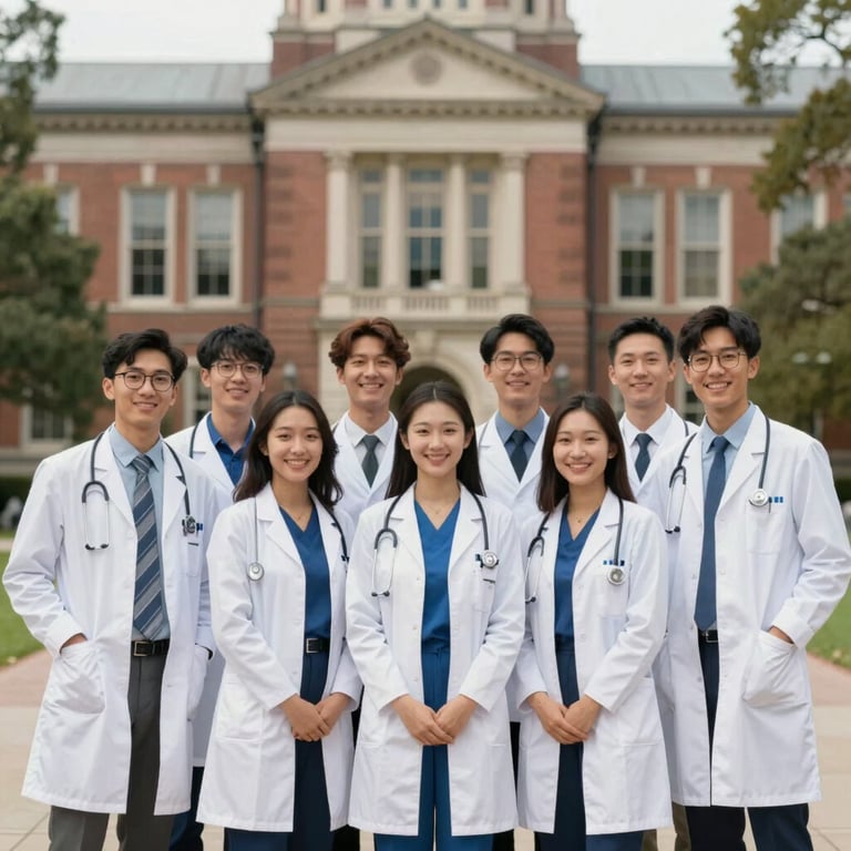 A group of happy medical students in white coats posing outside a famous college, representing success and community, featuring #0A362B accents.
