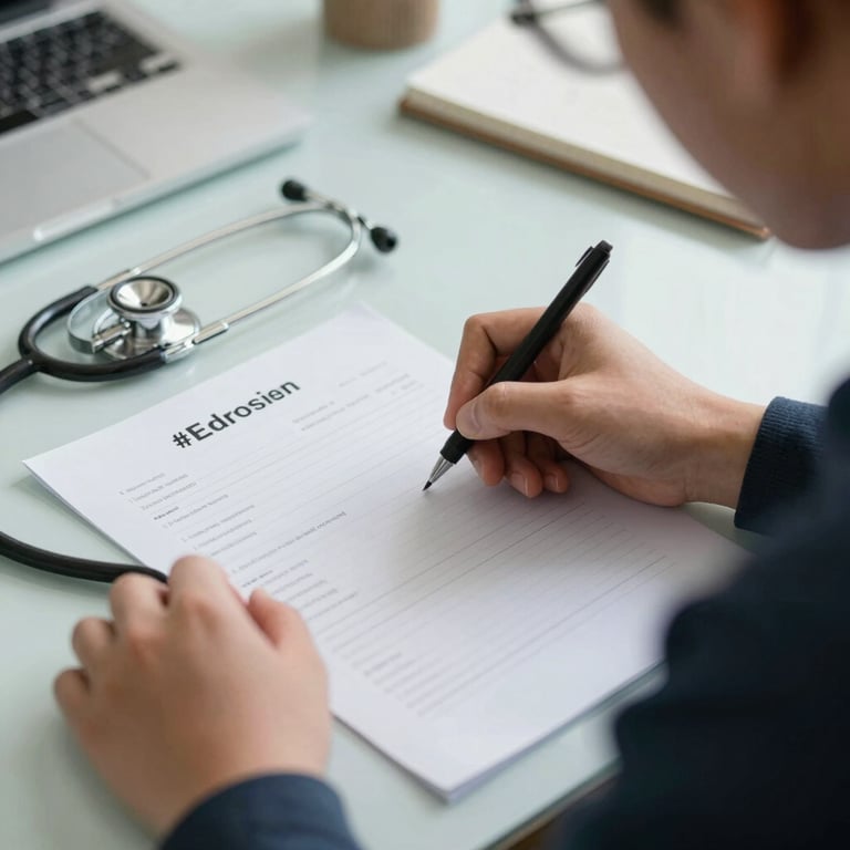 Close-up of a student signing admission forms with a stethoscope nearby, symbolizing the start of the journey, on a #E0D8C0 desk.