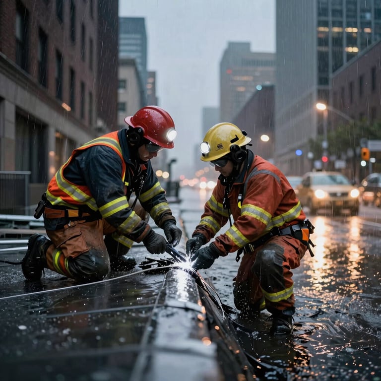 Emergency repair team under floodlights fixing a roof leak during a storm in New York City, high-intensity action shot.