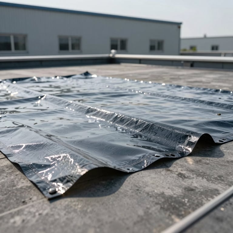 Close-up of waterproof membrane application on a flat commercial rooftop with a steel gray industrial background.